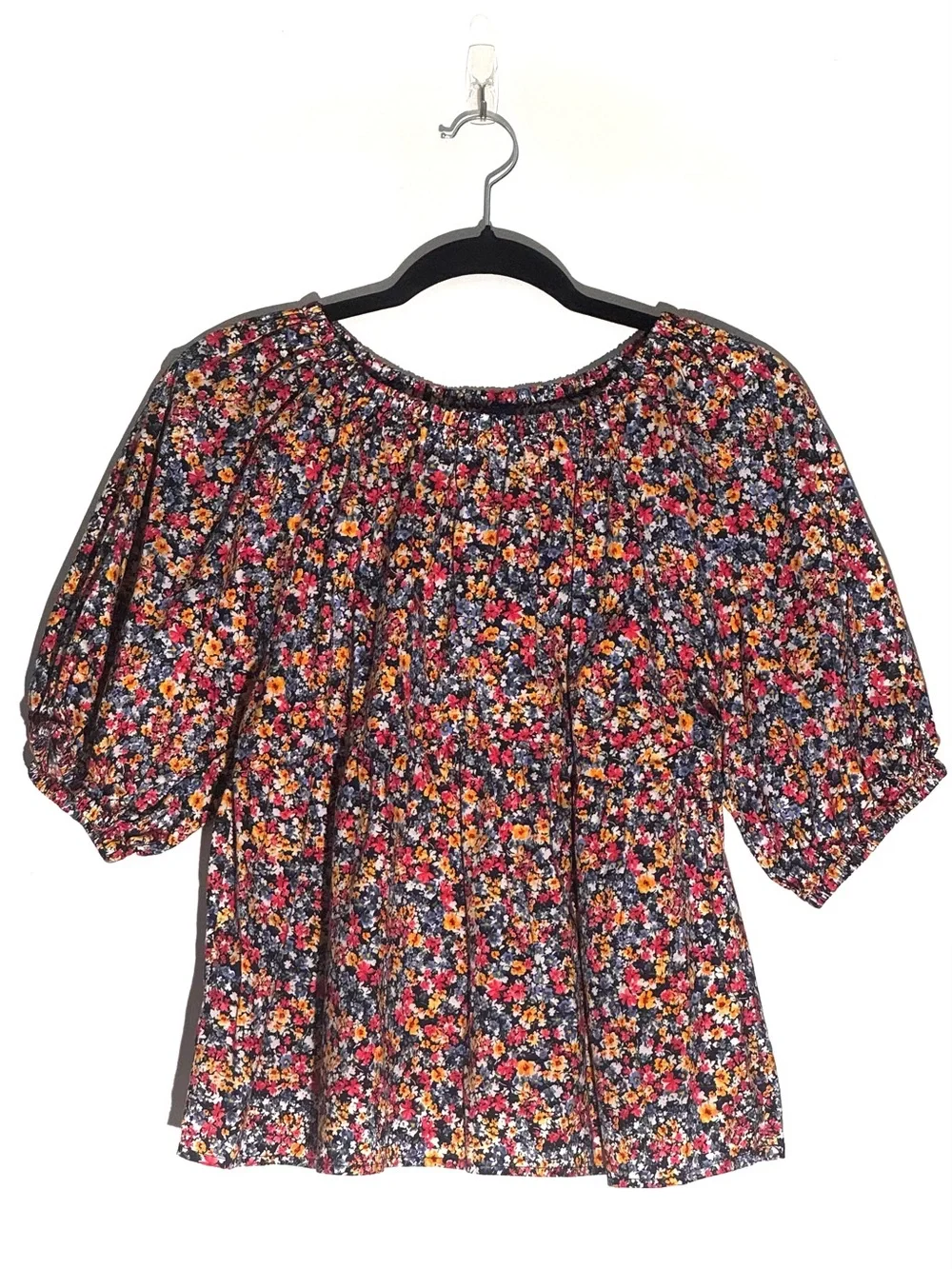 Old Navy Blue Multi Floral Puff Sleeve Blouse 100% Cotton Peasant Top M